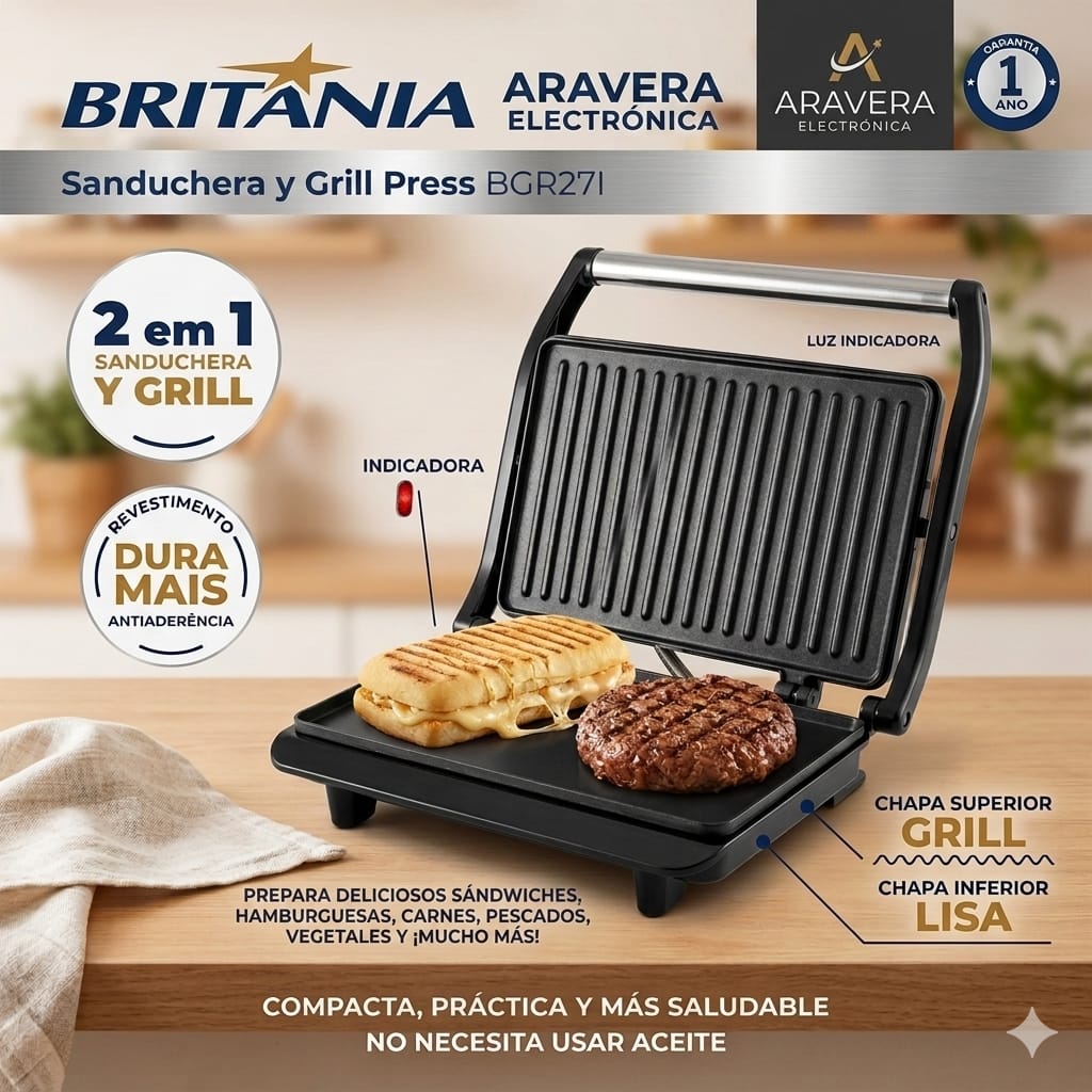 SANDWICHERA BRITANIA GRILL 2 EN 1 BGR27I